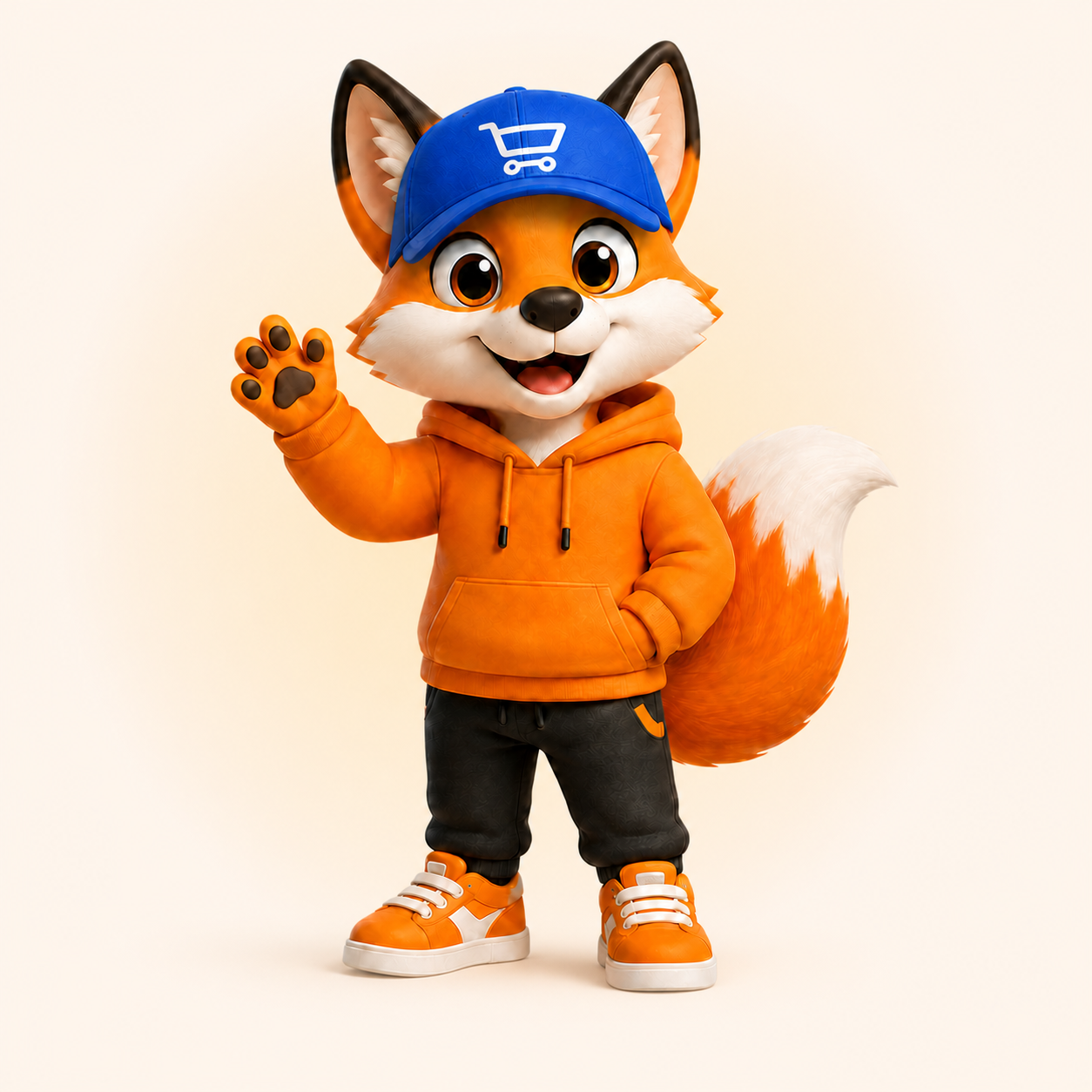 Mascota de Buleven con gorra azul saludando con la mano