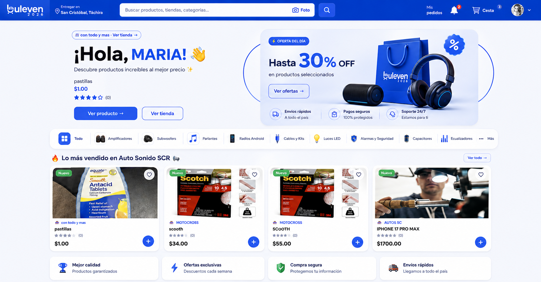 Página principal de Buleven con el saludo Hola María y productos destacados